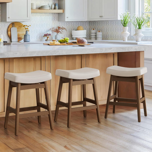 Cozyman Bar Stools Set of 3, Barstools with Sturdy Wood Legs, Saddle Seat Counter Height Bar Stools for Kitchen Counter, Bar, Dining, 24 Inch Farmhouse Counter Stools, Antique White Leather