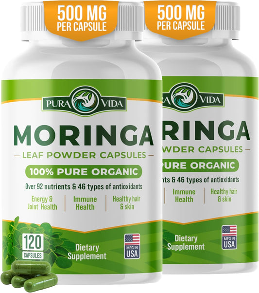 PURA VIDA MORINGA Capsules Single Origin Organic Moringa Powder. Moringa Leaf. Energy, Metabolism, & Immune Support. 120ct. 500mg Caps. (Pack of 2)