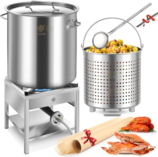 84QT Stainless Steel Seafood Boil Pot with 200,000BTU Propane Burner and 48" Large Spoon, Crab Crawfish Boil Pot and Burner for Outdoors Cooking and Steaming