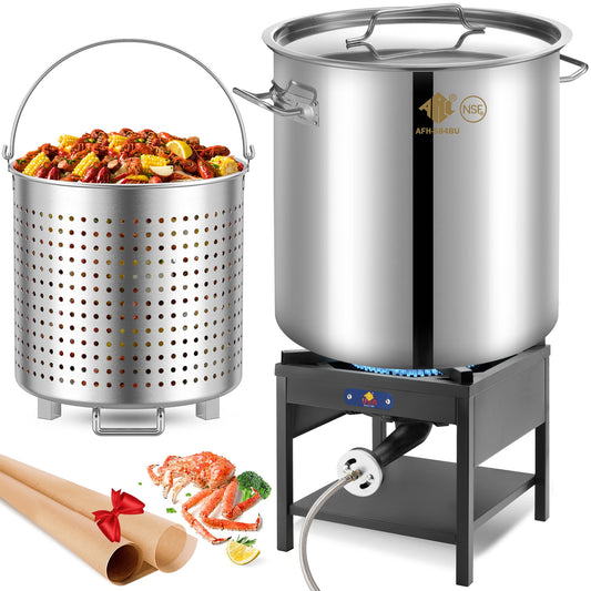 84QT Stainless Steel Seafood Boiling Kit with Strainer and 200,000BTU Propane Burner, Crab Crawfish Boil Pot and Stove for Outdoors Cooking and Steaming, Large Stockpot, Non-Assembly