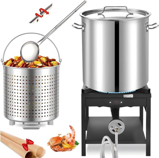 84QT Stainless Steel Seafood Boiling Turkey Fryer Kit with Strainer, 200,000BTU Propane Stove and 48" Large Spoon, Crab Crawfish Boil Pot and Burner for Outdoors Cooking and Steaming