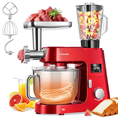 9 in 1 Multifunctional Stand Mixer with Fermentation, 6 Speed 7.5 Quart Kitchen Electric Food Mixer with Timer, Meat Grinder, Juice Blender, Vegetable Slicer, Pasta and Cookie Maker, Red