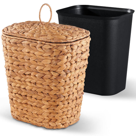 BLUEWEST 2.6 Gallon Wicker Trash Can with Lid, Handwoven Rattan Trash Can, Woven Decorative Wastebasket, Wicker Waste Basket with Removable Plastic Inner Bin for Bathroom, Bedroom, Office, or Kitchen