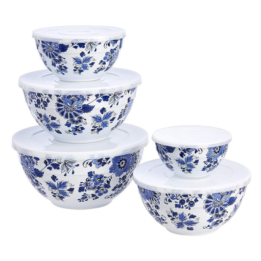 Amazon Basics Nesting Melamine Mixing Round Bowl with Lid and Non-Slip Base, 5 Sizes, Blue and White Floral, Set of 10, 4 quarts, 3 15\/16",7 9\/16",8 7\/8",10",11 1\/4"