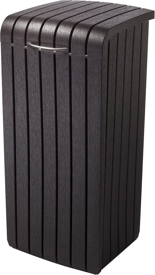 Keter Copenhagen 32 Gallon Resin Large Trash Can with Lid for Patio and Outdoor Kitchen, Brown