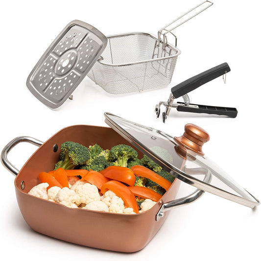 Moss & Stone 5 Pcs Copper Chef Cookware Non Stick Deep Frying Pan, Fry Basket, Steamer Rack, Dishwasher & Oven Safe, 5 Qt Deep Square Pan, Induction Copper Cookware Set - 9.5" x 3.5"