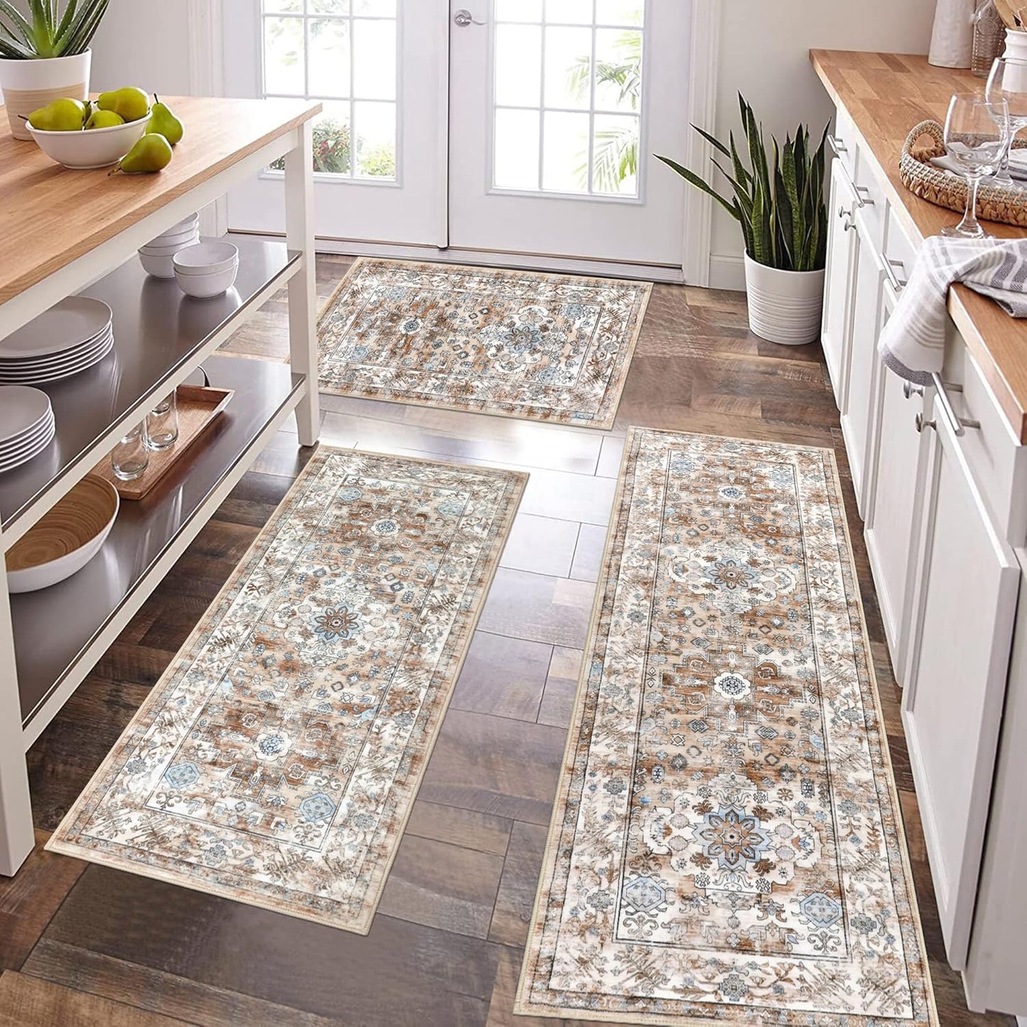 Pauwer Kitchen Mats for Floor 3 Piece Set Boho Non Slip Kitchen Rugs Washable Farmhouse Kitchen Floor Mats Thick Long Kitchen Throw Area Rug Carpet Runner for Hallway Entryway Laundry Bathroom