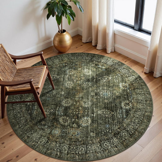 Zealude Green Boho Washable 5FT Round Living Room Rug,Vintage Circle Rug for Bedroom Dining Room Rugs Non Slip,Circular Oriental Throw Carpet for Bathroom Kitchen Entrance (5FT Round Dusty Green)