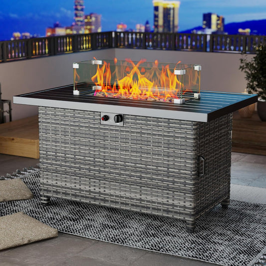 LHBcraft 44 Inch Propane Fire Pit, 50000 BTU Fire Pit Table with Glass Wind Guard and Lid, Gas Fire Pits for Outside Patio and Garden(Grey)