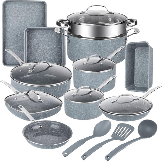 Granitestone 20 Pc Ceramic Cookware Set Nonstick, Complete Pots and Pans Set Non Stick for Kitchen with Bakeware, Cooking Utensils & Steamer, Non Toxic Made Without PFOA PFOS, Oven & Dishwasher Safe
