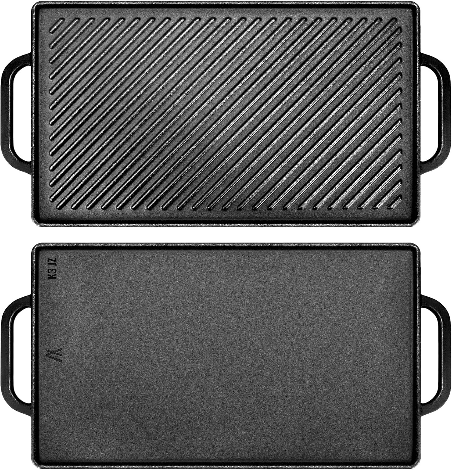 GGC Cast Iron Reversible Griddle, Double-sided Griddle Pan for Indoor and Outdoor Cooking, 15 x 9 Griddle Plate with Flat and Ribbed Side for Stove Tops, Gas Grills and Camping
