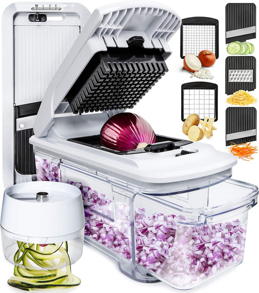 Fullstar All-in-1 Vegetable Chopper and Mandoline Slicer for Kitchen - Cheese Grater, French Fry Cutter, Cheese Slicer - Bonus Handheld Spiralizer Included (6 in 1, Black\/White)