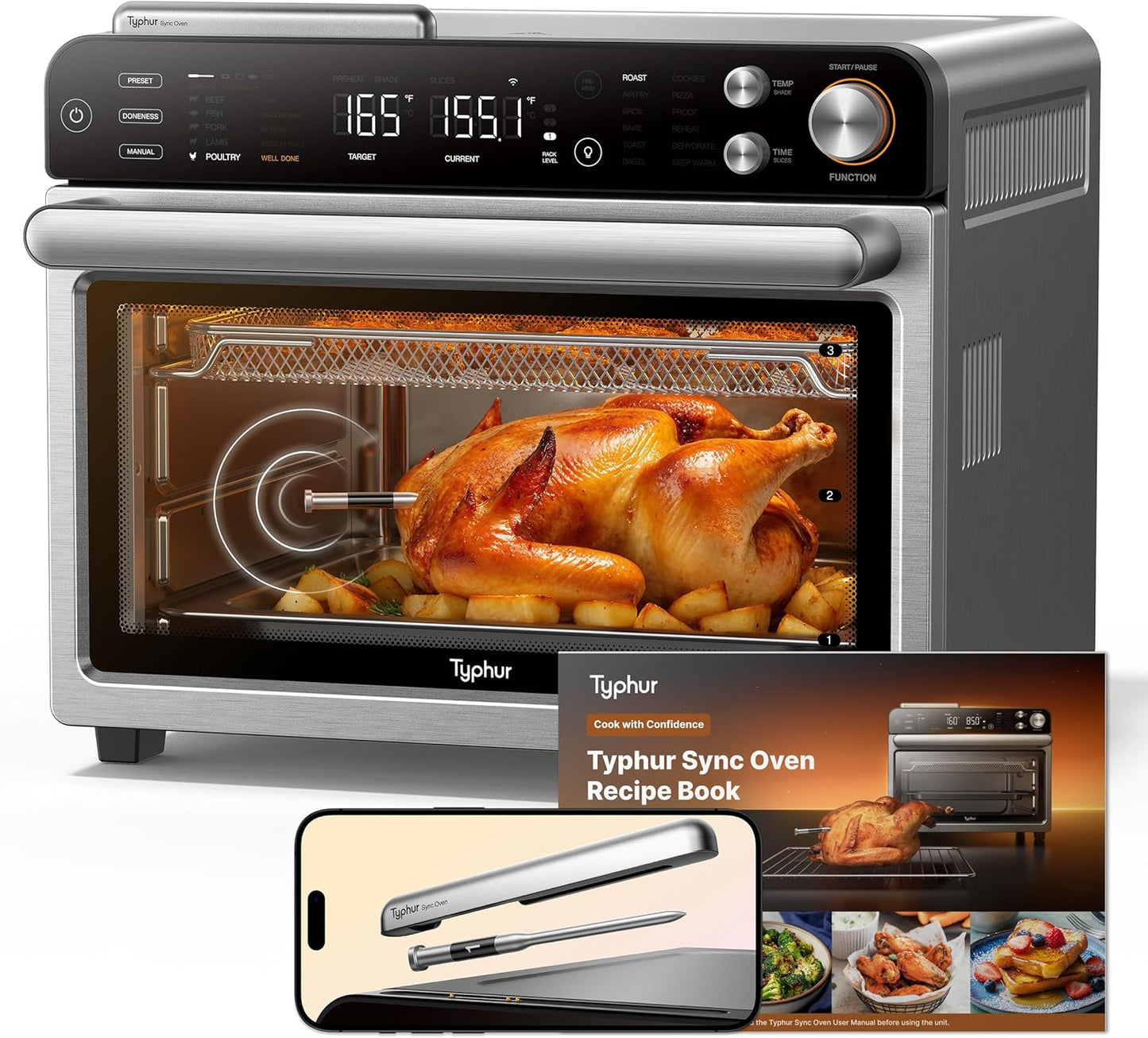 Typhur Sync Oven with Smart Wireless Meat Thermometer Probe, 12\u2011in\u20111 Countertop Air Fryer Toaster Oven Combo, 360° Turbo Convection, Dehydrator, Recipes & 5 Accessories, Large 27QT, Stainless Steel