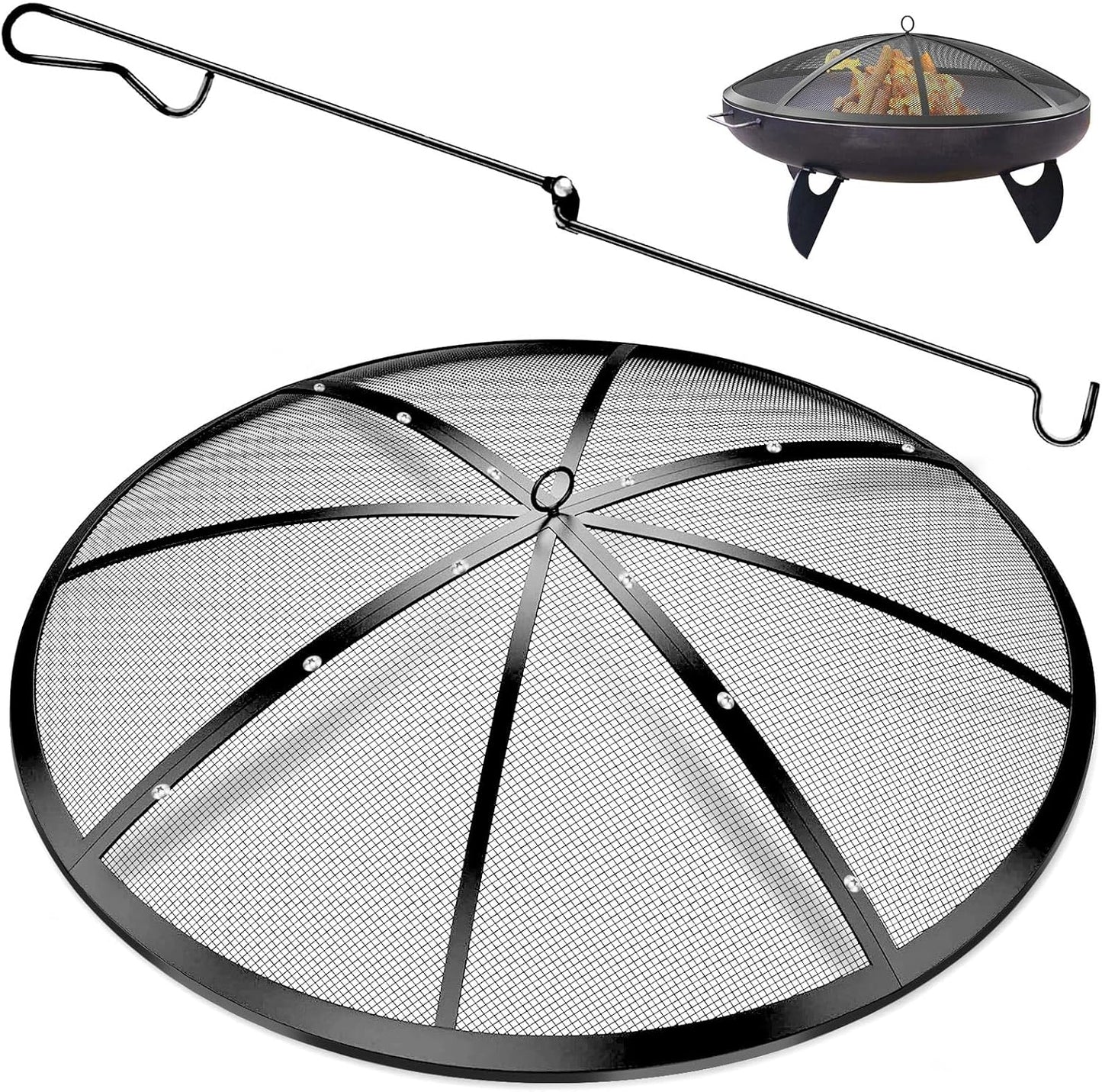 Fire Pit Spark Screen, 40Inch Fire Pit Lid Outdoor with Handle & Poker, Heavy-Duty Mesh Firepit Cove with 12 Reinforced Bars for Backyard\/Beach\/RV Camping