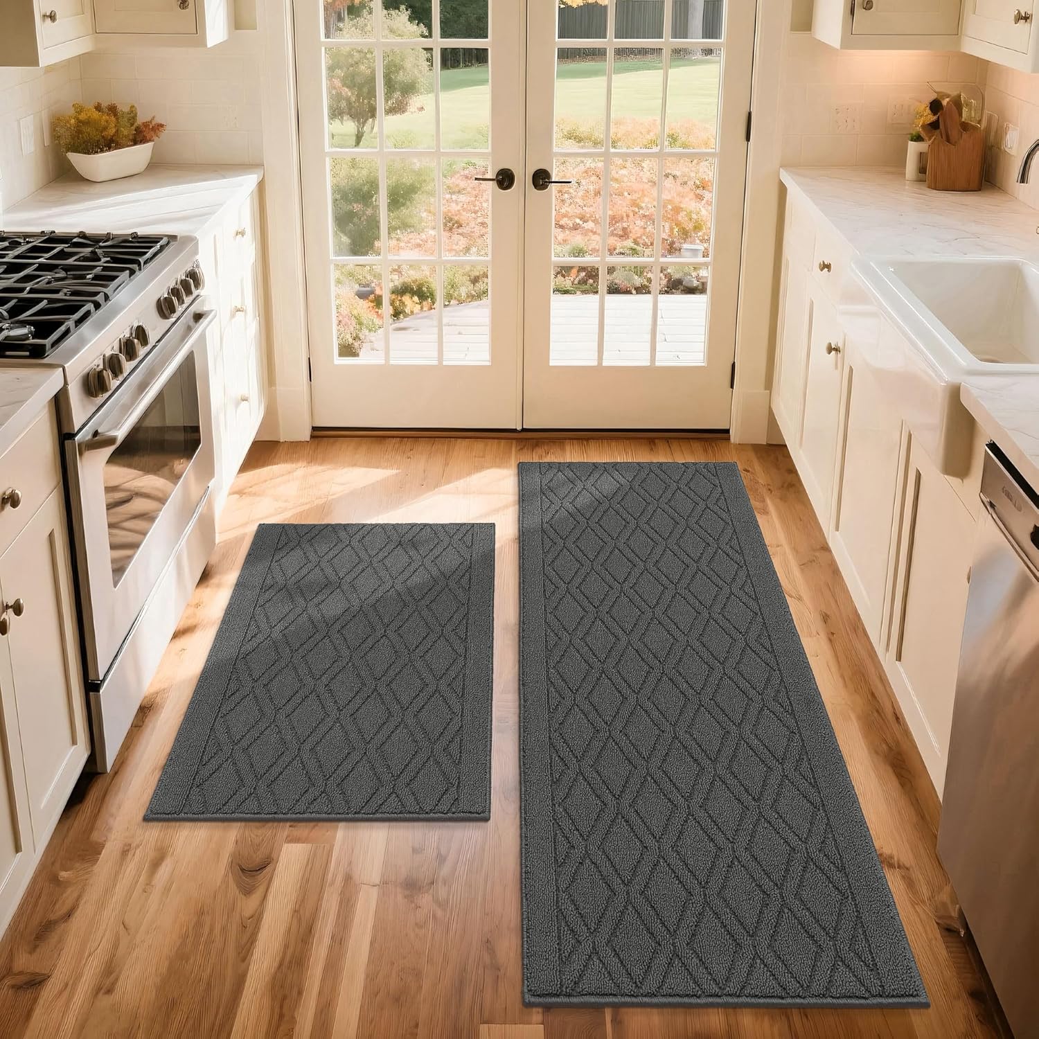 COSY HOMEER 60x24Inch\/36X24Inch Kitchen Rugs Sets Non-Slip Washable Kitchen Mats for Floor Polypropylene Absorbent Kitchen Runner for Kitchen Sink Hallway Entryway(Grey)