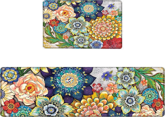 Tubeamin Boho Floral Kitchen Runner Rugs Mats for Floor 2 Piece Memory Foam Padded Long Kitchen Mats Anti Fatigue Cushioned Comfort Standing Mat, 17.3x28+17.3x59 Inch