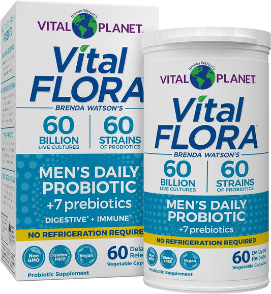 Vital Planet - Vital Flora Probiotics for Men, 60 Billion CFU, 60 Diverse Strains, 7 Organic Prebiotics, Men\u2019s Daily Shelf Stable Probiotic for Immune Support, Gas Relief, Digestive Health 60 Capsules