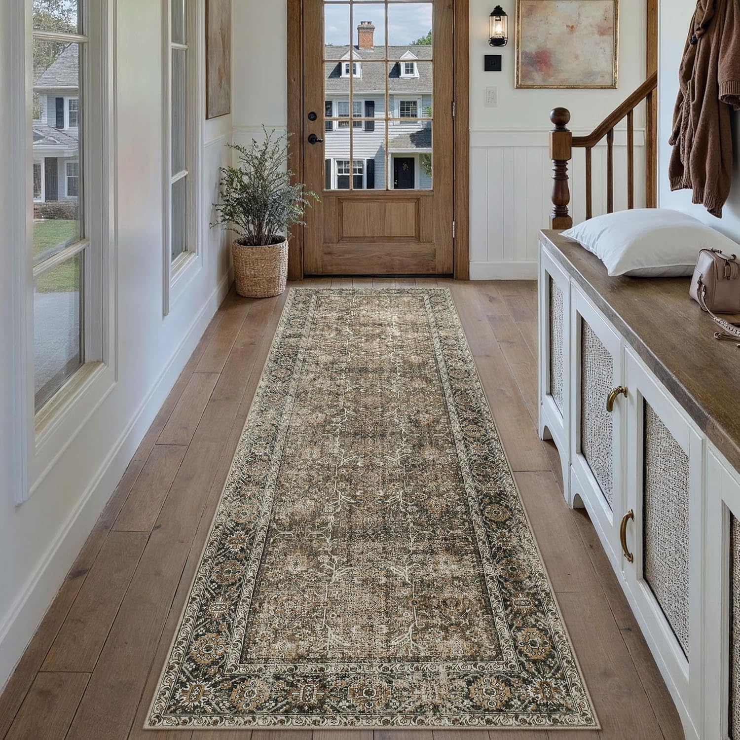 PureCozy Brown Runner Rug 3x7 Vintage Area Carpet Hallway Long Indoor Kitchen Washable Living Room Low Pile Traditional Distressed Retro Accent Throw Rug Non Slip Laundry Bathroom Office Dining Room