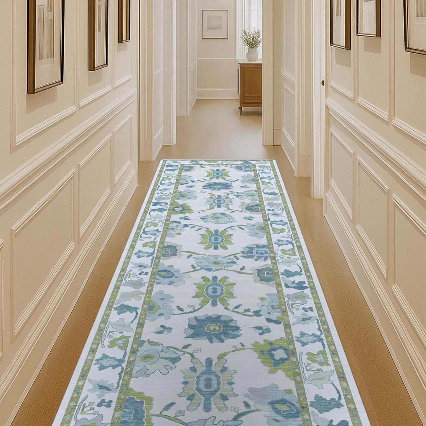 Green Oushak Rug, Modern Rugs, Vintage, Turkish, Eclectic, Floral, Pastel, Washable, Small Throw, Accent Area Rug for Living Room, Bedroom, Kitchen, Bathroom, 2'5"x4'9"