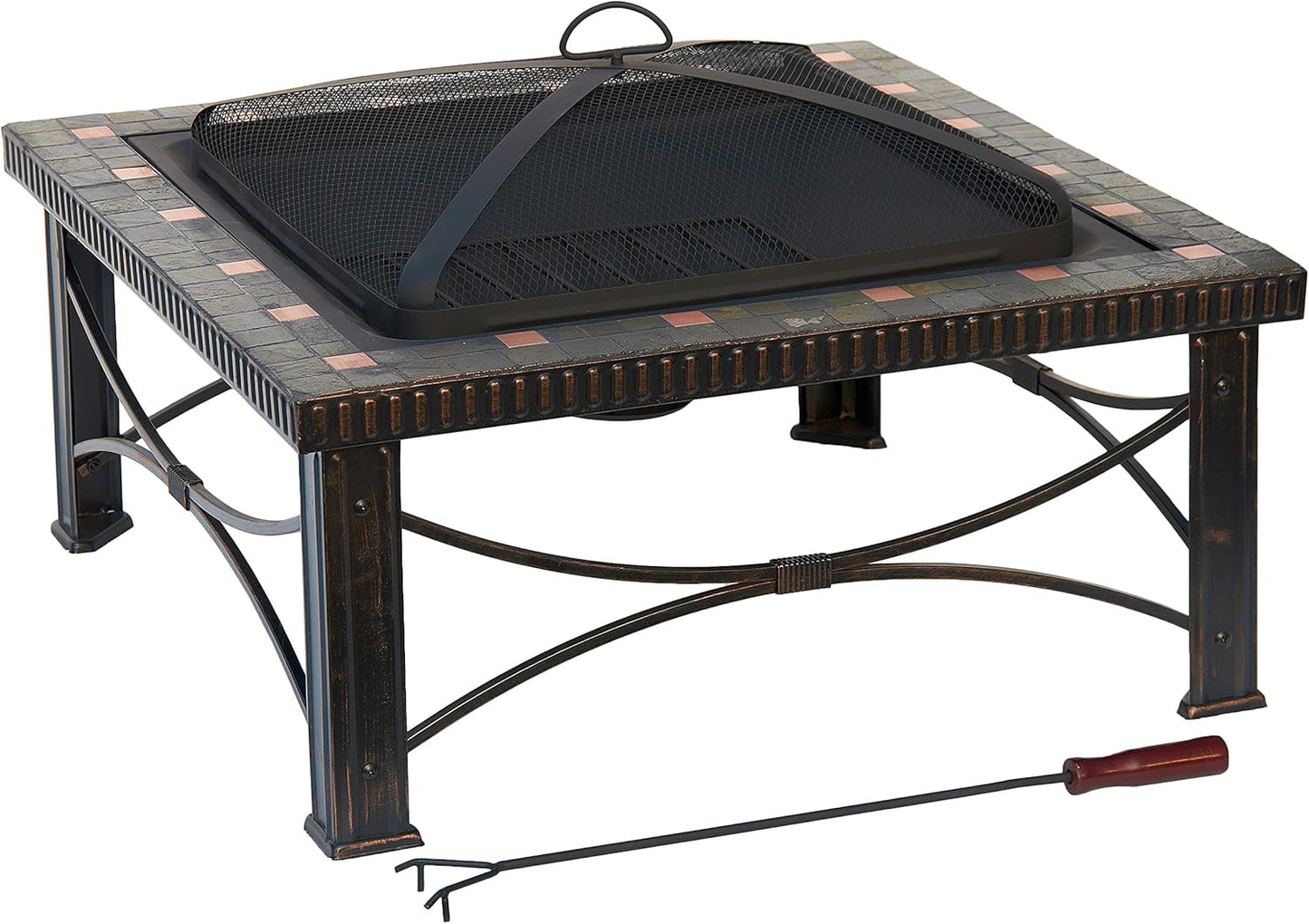 Hiland FTB-51161 Wood Burning Fire Pit w/Poker and Mesh Screen Lid, Large, Slate/Copper