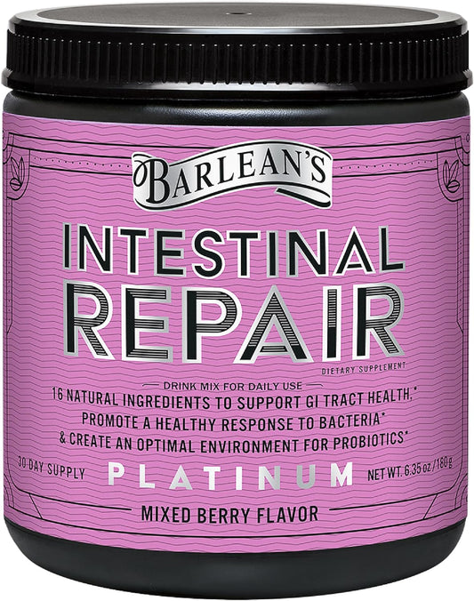 Barlean's Intestinal Repair Gut Health Powder with 16 Digestive Supplements, L-Glutamine, Marshmallow and Licorice Root, Aloe Vera, and Fiber Mixed Berry Flavor, 6.35 oz