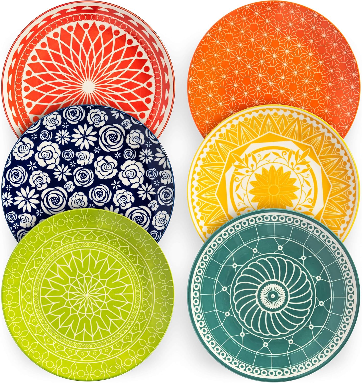 Annovero Dinner Plates - Mismatched Colorful Dinnerware Set of 6 - Fun Decorative Cute Boho Kitchen Dishes - Zero Lead & Cadmium - 10.5 Inch Diameter