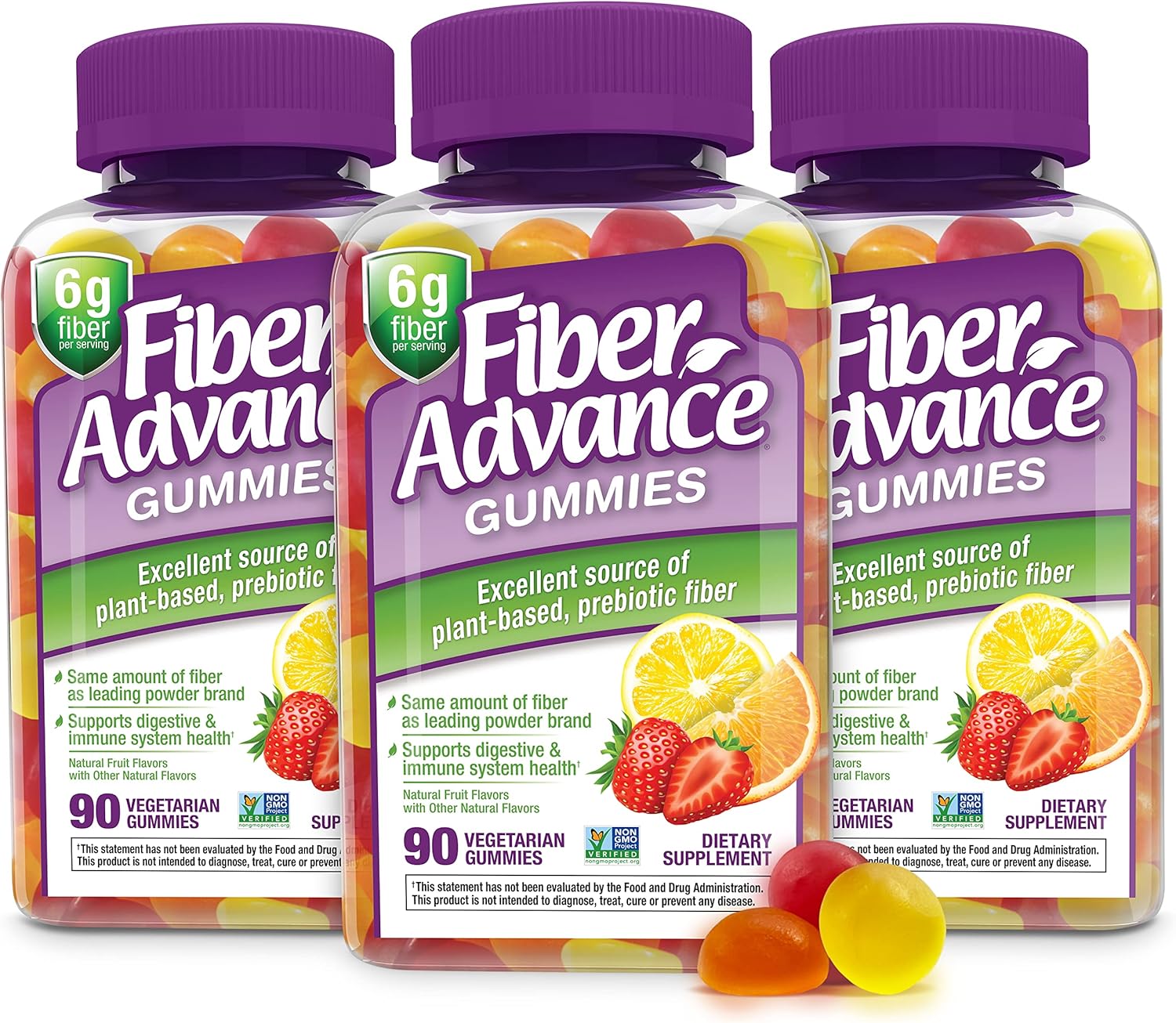 Fiber Advance Gummies | 100% Plant Based Fiber Supplement for Digestive Health | Chicory Root Inulin Prebiotic Gummies for Adults | Gluten Free, Vegetarian, & Non-GMO (Pack of 3)
