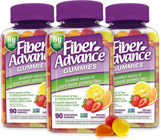 Fiber Advance Gummies | 100% Plant Based Fiber Supplement for Digestive Health | Chicory Root Inulin Prebiotic Gummies for Adults | Gluten Free, Vegetarian, & Non-GMO (Pack of 3)