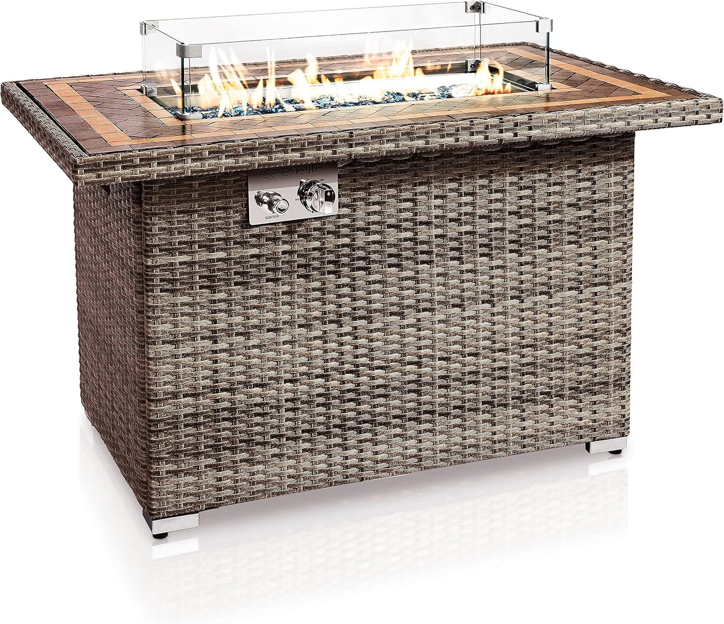SerenelifeHome Outdoor Propane Fire Pit Table- 50,000 BTU Auto-Ignition Gas Fire Pit w/Glass Wind Guard, Mosaic Tabletop with PE Rattan Base