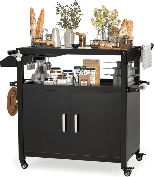 AECOJOY Outdoor Grill Cart with Storage Cabinet Buffet Prep Tables for Outside Steel BBQ Bar Carts for Patio