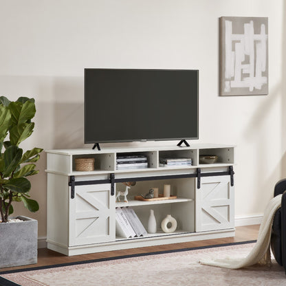 AENKYO 58" Farmhouse TV Stand with Sliding Barn Doors, Adjustable Shelves for TVs up to 65", White