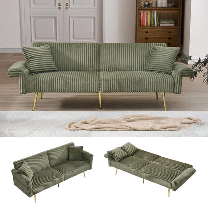 AENKYO 79'' Corduroy Convertible Futon Sofa Bed, Modern Sleeper Couch with Adjustable Arms & Back, Yellow