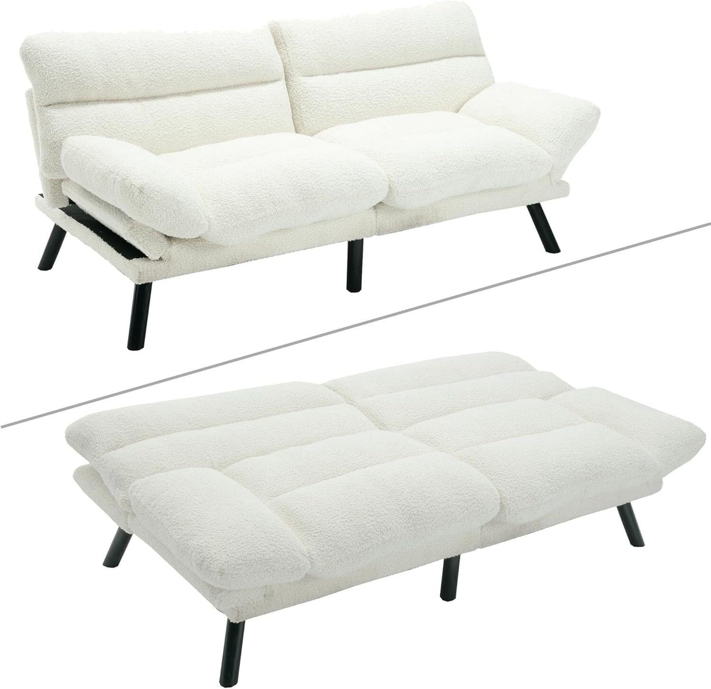 AENKYO Futon Loveseat Sofa Bed 2-Seater, Adjustable Backrest Convertible Sleeper - White