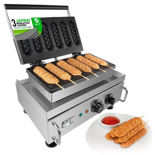 ALDKitchen Hotdog Waffle Maker Commercial | Corn Dog Waffle Maker | 6 PCS | Hotdog Waffles on a Stick | Stainless Steel