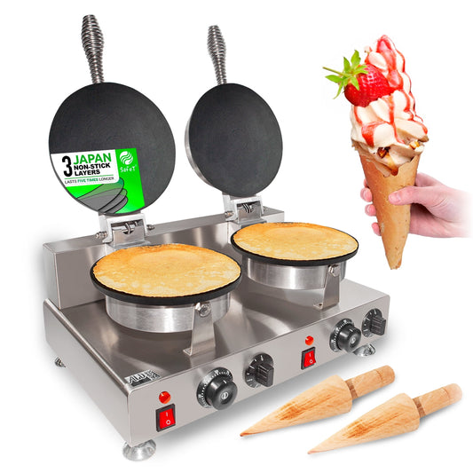 ALDKitchen Waffle Cone Maker | Commercial Waffle Roll Maker | Stainless Steel | Nonstick Coating | Manual Control | 110V (Double)