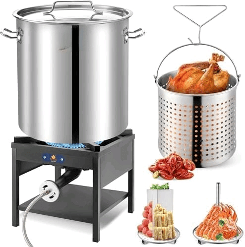 ARC 64QT Stainless Steel Pot with 200,000BTU Propane Fryer, Seafood Boil Pot, Crab Boil Pot, Lobster Pot, Shrimp Boil Pot, Tamale Steamer Pot with Basket and Turkey Fryer Burner