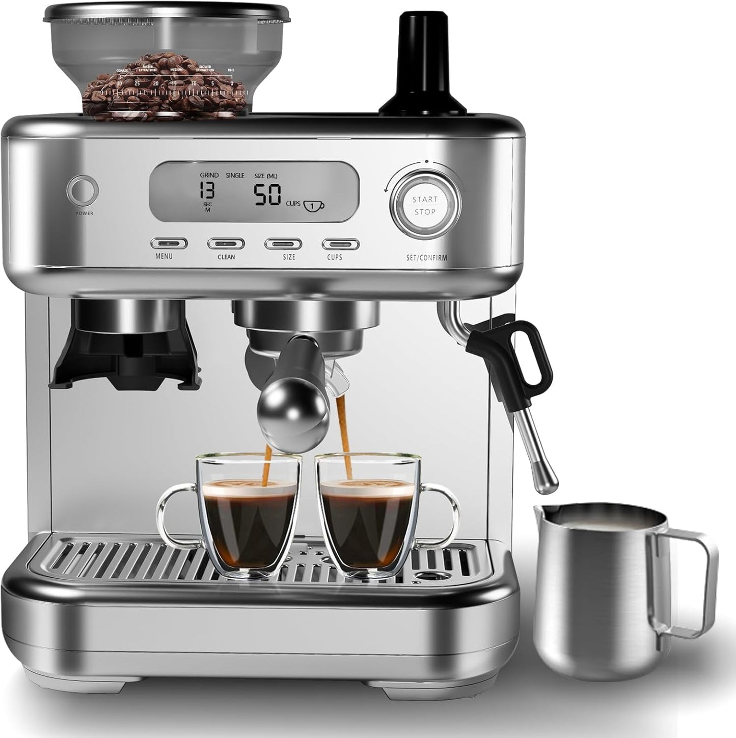 ATENOW Espresso Machine 15 Bar, LCD Display Espresso Maker with Grinder, Milk Frother and PID Temperature Control, Professional Coffee Maker for Latte Cappuccino - 8.8 Oz Bean Hopper