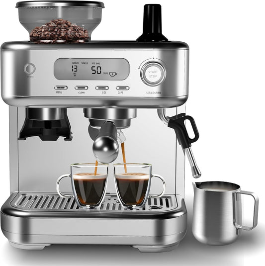 ATENOW Espresso Machine 15 Bar, LCD Display Espresso Maker with Grinder, Milk Frother and PID Temperature Control, Professional Coffee Maker for Latte Cappuccino - 8.8 Oz Bean Hopper