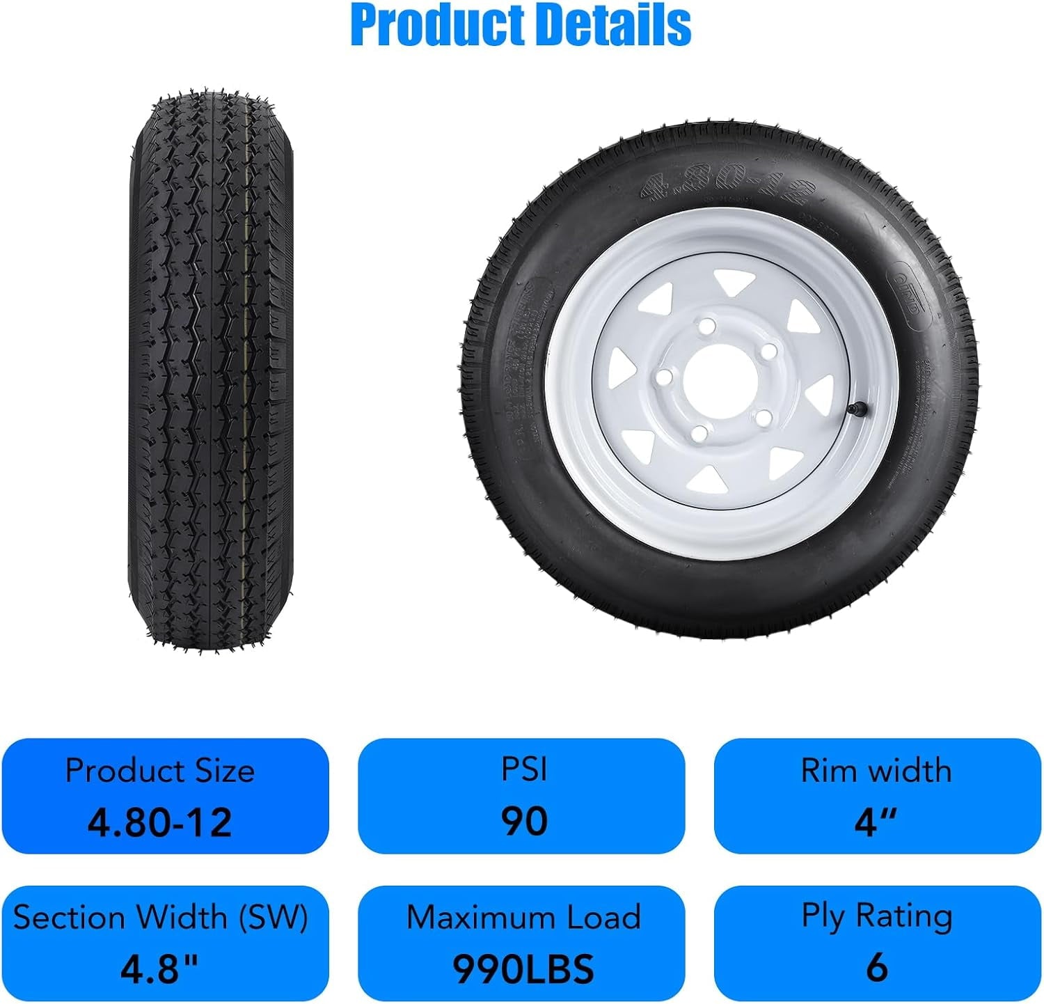 Accreate 2-pcs 4.80-12 4.80x12 480-12 4.80-12 Tires with 12'' Rims, 2 Pack 4.80-12 Tire 5 Lug on 4.5'', Load Range C 6PR