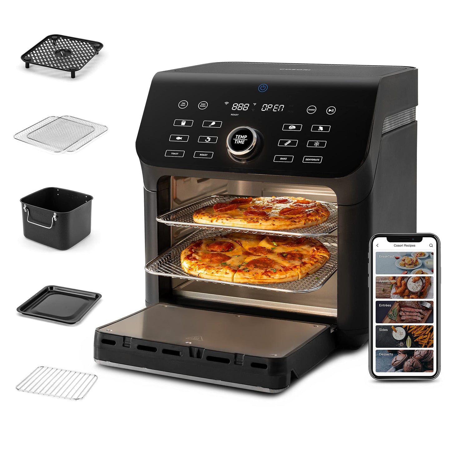 Air Fryer Toaster Oven Combo, 10 Qt Family Size, 14-in-1 Functions with Dehydrate, Roast, Smart Control Through Phone & Voice, 1000+ In-APP Recipes & 6 Dishwasher -Safe Accessories, Black