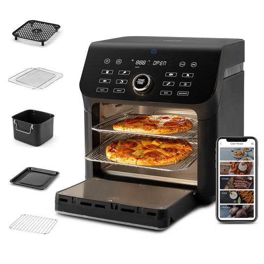 Air Fryer Toaster Oven Combo, 10 Qt Family Size, 14-in-1 Functions with Dehydrate, Roast, Smart Control Through Phone & Voice, 1000+ In-APP Recipes & 6 Dishwasher -Safe Accessories, Black