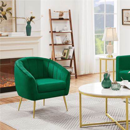 Alden Design Barrel Accent Chair with Gold Metal Legs for Living Room, Green