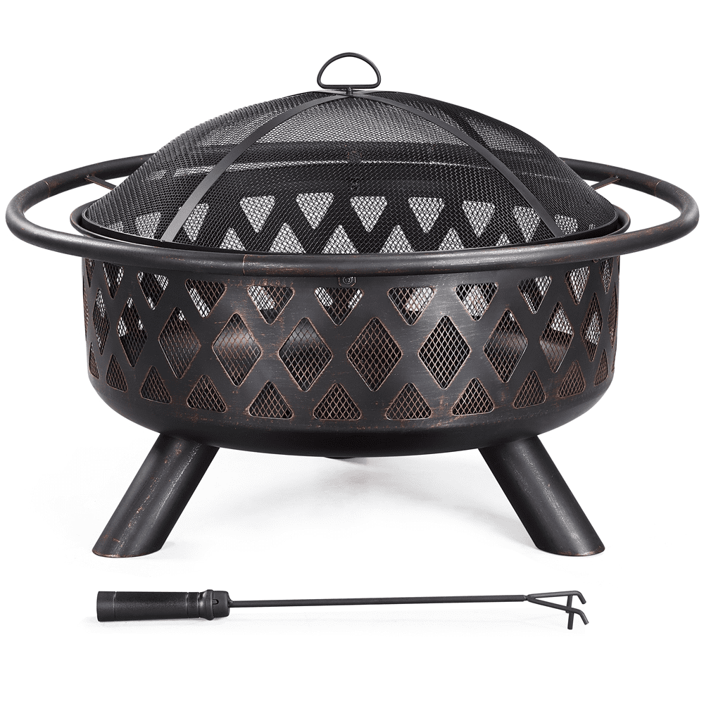 Alden Design Iron Fire Pit with Mesh Screen Poker and Cover for Outdoors, Bronze