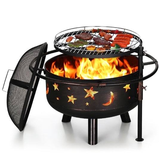 Alpha Joy 30" 2 in 1 Wood Burning Fire Pit for Camping Picnic Bonfire with with Cover, Poker, BBQ Net - Black