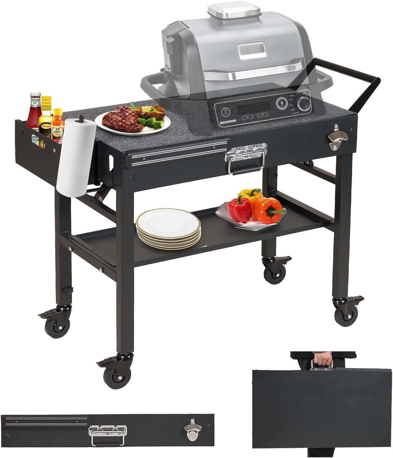 Annualring Portable Outdoor Grill Cart,Stainless Steel Folding Grill Table with Wheels,Solid and Stable,31"x 17" Large Space Grill Stand for The Blackstone Griddle 17"/ 22",Grill Etc.