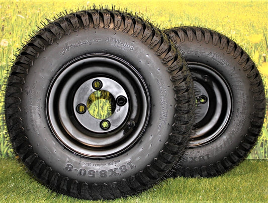 Antego 18x8.50-8 Turf Tires and 8x7 Matte Black Alloy Steel Wheels (Set of 2)