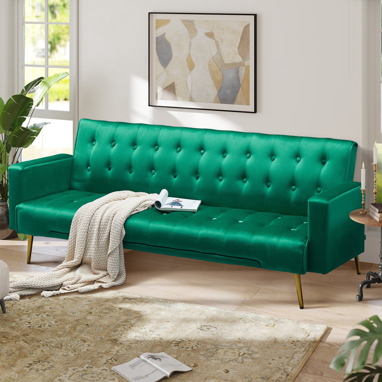 Aukfa 79" Futon Convertible Sofa Bed, Adjustable Arm, 2 Pillows&Side Pocket, Teddy Fleece, Gray