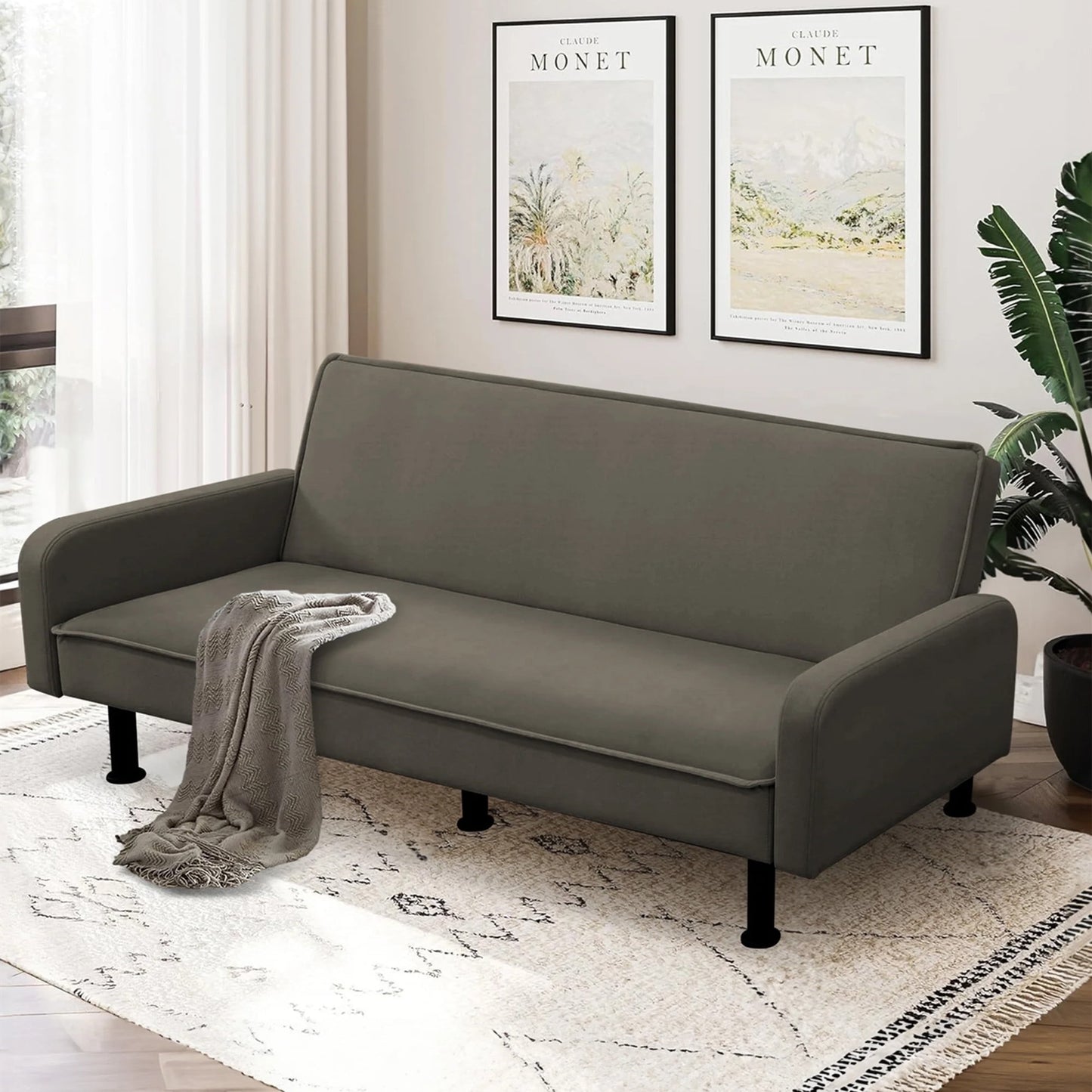 Aukfa 78" Square Arm Futon Sofa Bed Upholstered 3 Seat Couch for Home Office, Flannel, Light Gray