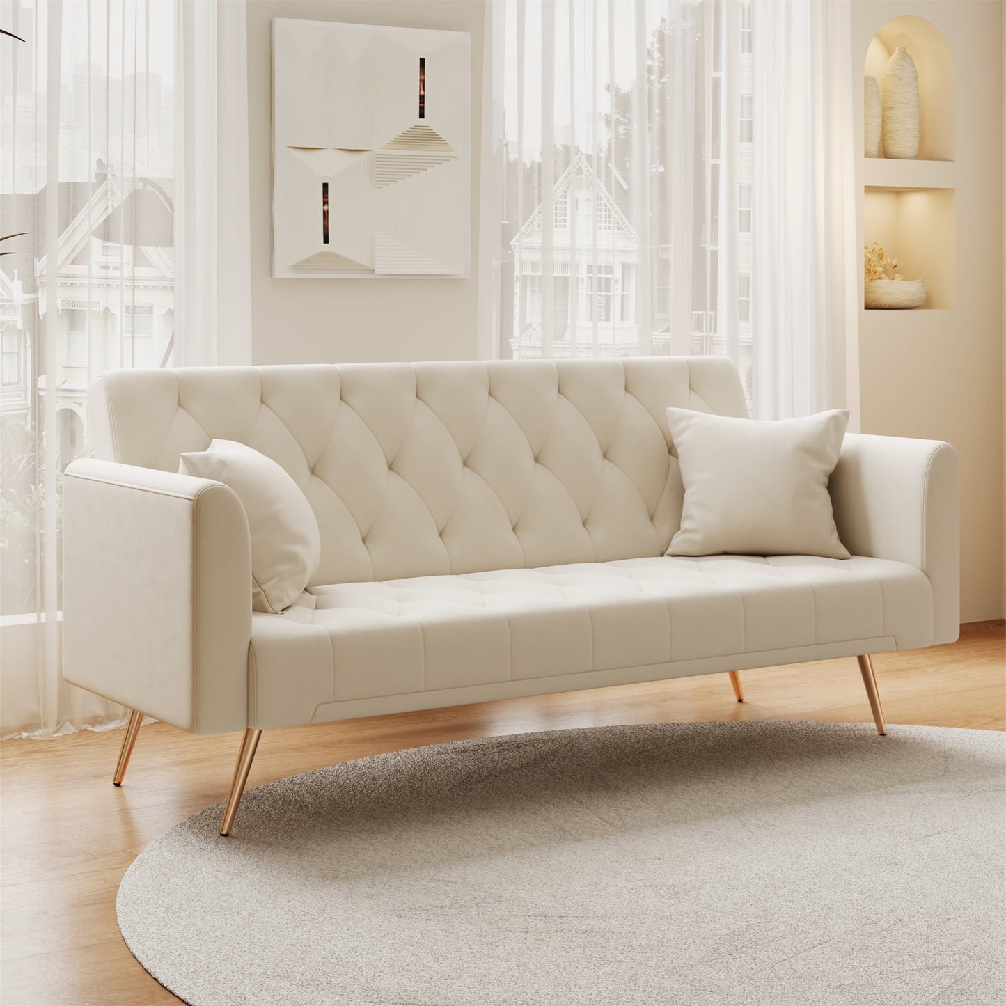 Aukfa Curved Arm Futon Convertible Sofa Bed for Home Office, 2 Pillows, Tufted Back, Velvet, Pink