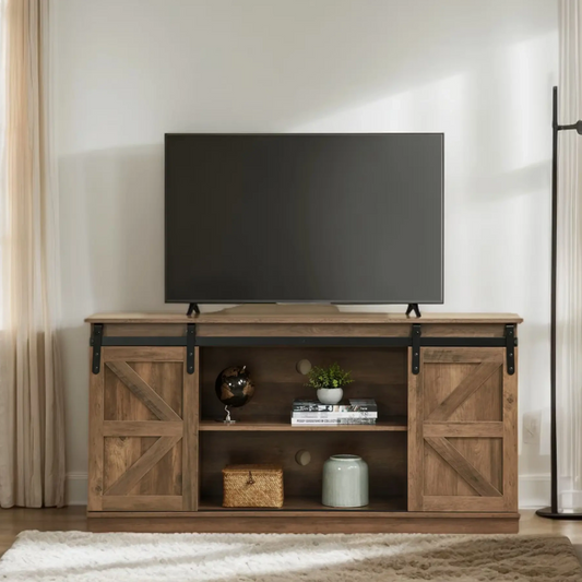 Aukfa Farmhouse Sliding Barn Door TV Stand for TVs up to 65",Tall Entertainment Center with Storage Cabinets,Brown